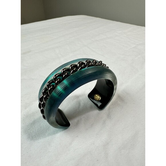 Authentic New ALEXIS BITTAR Blue Aqua LUCITE Chain Bracelet Cuff Bangle - Picture 1 of 9